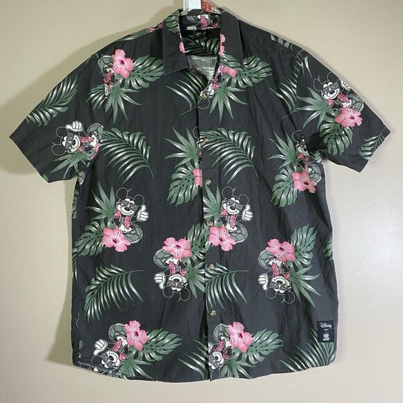 NEFF DISNEY Shirt  Mens Large Mickey Mouse Blue Floral Hawaiian Button Up Cotton - Picture 1 of 14